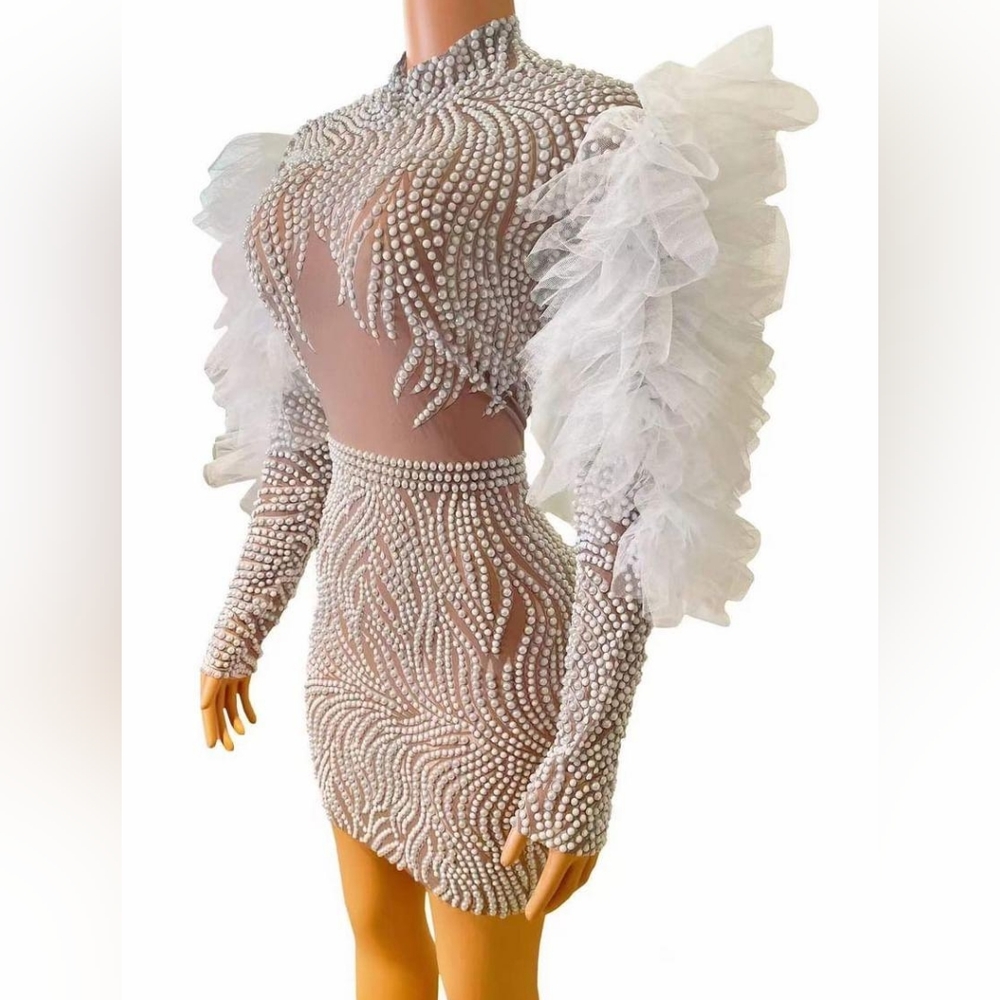 Pearl puffy sleeves dress * Made per order